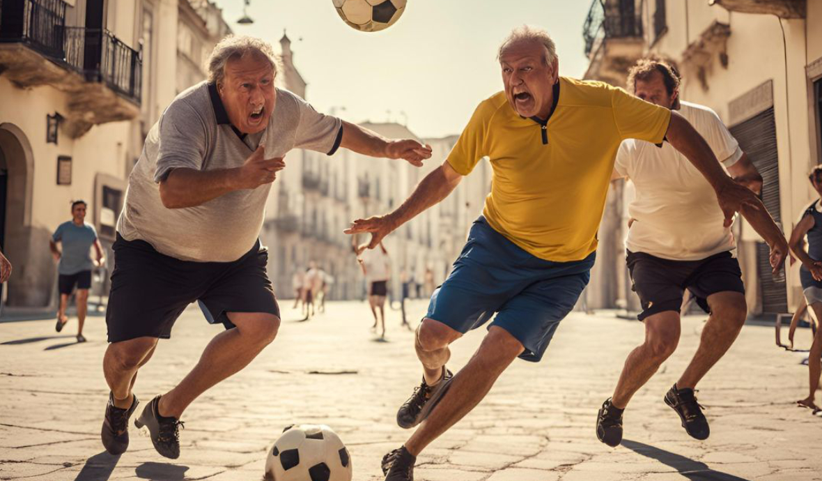 Dos adultos jugando a fútbol