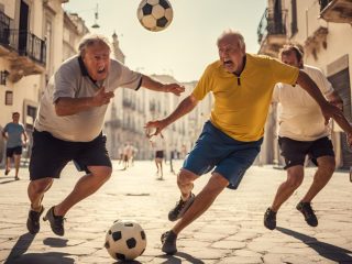 Dos adultos jugando a fútbol