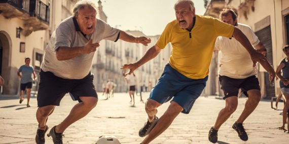 Dos adultos jugando a fútbol